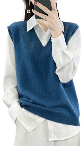 Ailaile Pull en tricot à col en V pour femme, 100 % laine mérinos, léger, sans manches, gilet basique court, bleu clair, Taille L