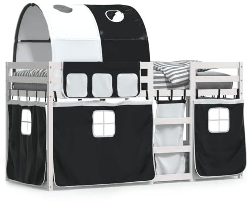Juroupi Etagenbett mit Vorhängen Weiß & Schwarz 80x200 cm Kinder Etagenbett Kinderbett Doppelbett Kinderhochbetten Bett Kiefernholz - 3283991
