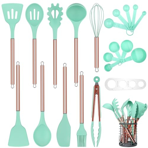Arquiel Küchenhelfer Set Silikon, 22-teiliges Küchenutensilien Set mit Edelstahlgriff, Kochgeschirr Set mit Utensilienhalter, Messlöffelsets Küchenset (mintgrün und Gold)