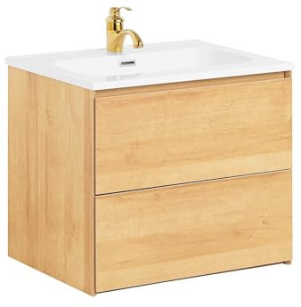 SoBuy Meuble Suspendu pour Lavabo Armoire de Salle de Bain avec Lavabo Meuble Salle de Bain avec Vasque Ensemble de Lavabo en céramique, 2 Tiroirs, Blanc-Nature, 61x46x54cm, BZR174-N