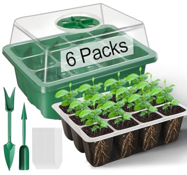 TOYPOPOR 6 Packs 72 Cells Seed Trays with Clear Lids, Seed Propagator Set with Adjustable Humidity Dome and Base, Seedling Starter Kit for Greenhouse and Garden with Garden Tools and Labels