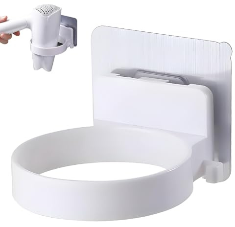 LoNinLoAn Fönhalter Ohne Bohren, Haartrocknerhalter, Weiß Haartrockner Halterung, Plastik Föhn Halterung, Runden Selbstklebend Fönhalterung für Bad Schlafzimmer Barbershop Hotel