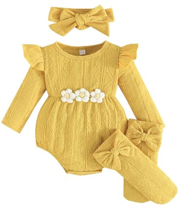 Kunyeah 3Pcs Bebé Niña Trajes Mono de manga larga con volantes para bebé + cinta para el pelo con lazo + calcetines Mono de flores para recién nacido (Amarillo, 0-3 Meses)
