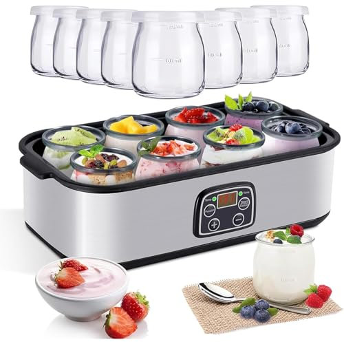 NGARY Yogurtera Automática De 1400 Ml con 8 Tarros De Cristal, Control De Temperatura Y Tiempo Ajustables, Temperatura Constante Y Mejor Salud Intestinal, para Yogur Probiótico Orgánico