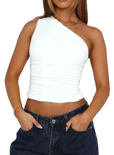 TiulZial Damen eine Schulter Ausgehen Crop Tank Tops Slim Fit ärmellose Shirts Y2k Cute Top