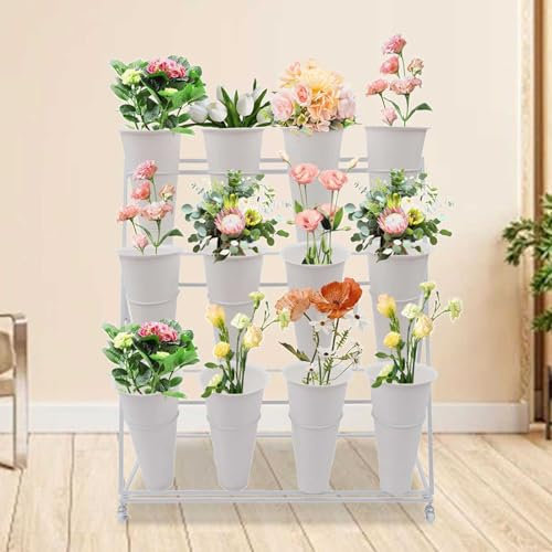 3 Layers Flower Cart Shelf Flower Display Stand with Buckets Plant Stands with Swivel Wheels and Brake Flower Bar for Indoor Outdoor Florists Garden