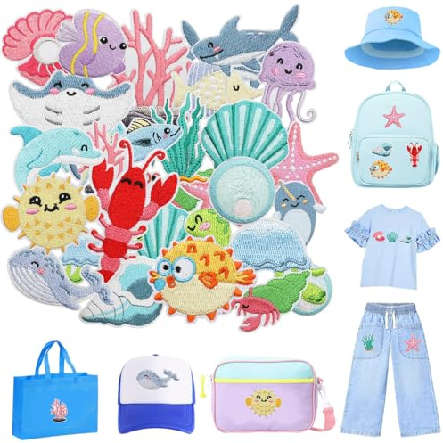 Calkkrer set med 22 söta manet- och vallappar att stryka på, marinblå tecknade broderilappar, sommardekoration för kläder, jackor, jeans, väskor, hattar, skor