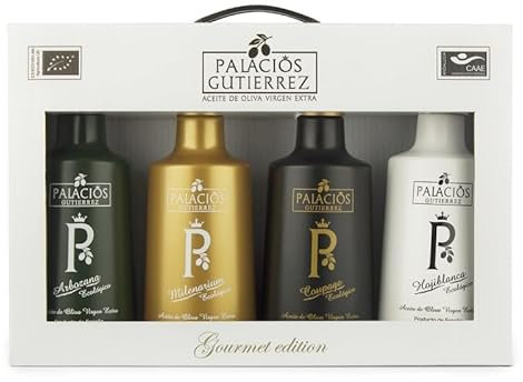 Aceites Palacios Gutiérrez Pack Gourmet, 4 Botellas AOVE, 500ml, Variedades Aceite Oliva Hojiblanca, Arbozana, Milemarium, Acoupage