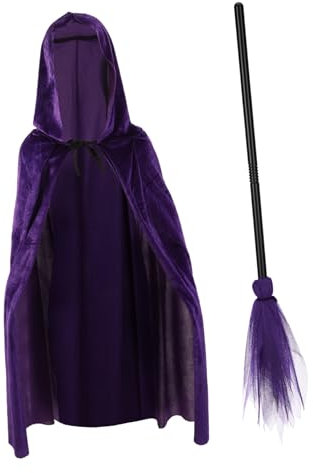 Baluue Conjunto Escoba Morada Para Halloween Capucha De Bruja Escoba Decorativa Para Fiestas De Disfraces