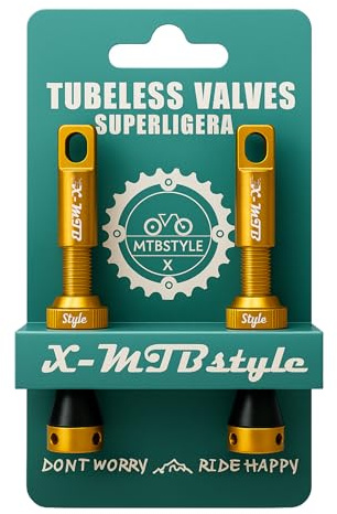 XMTBSTYLE 2 x MTB-slanglös ventil | Förpackning för mountainbike, landsväg, E-cykel, gravel, BMX | 2-pack cykelventil för slanglöst kit | MTB-slanglösa cykelventiler (44 mm) guld