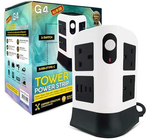 G4GADGET Tower Extension Lead, 8 Gang Power Strip with 2 USB-A & 2 USB-C, Surge Protected Extension Lead with Switches, 2990W Multi Plug Socket, Flame Retardant, 1.8M Cable for Home Office Desk