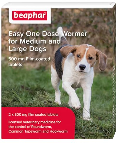 Beaphar - Easy One Dose Worming Tablets For Medium & Large Dogs – Dogs Over 12 Weeks Old & Over 8kg – Kills Roundworms, Tapeworms & Hookworms - Veterinary medicine –Easy-To-Give - 2 Tablet Pack