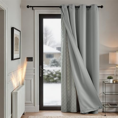 TOPICK Blackout Thermal Door Curtains with Detachable Lining 84 Inch Drop, 2 Layer Thick Microfiber Windproof Drape for Bedroom, Noise Protection for Living Room, W52 x L84 Inch, 1 Panel, Light Grey