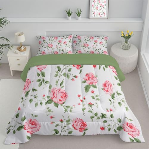JEDTAKCT Piumino Letto King Size 4 Stagioni 260X230, Grigio Chiaro Reversibile Piumone Leggero, Rosa Di Campagna Floreale Retrò Coperta Trapunta In Microfibra, Lavabile In Lavatrice