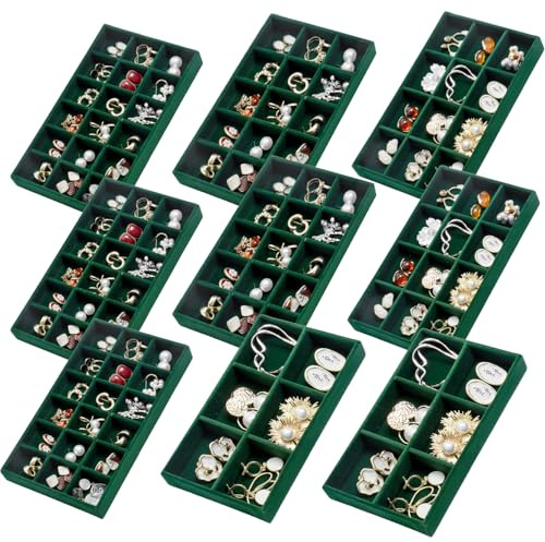 SPAKOWN Jewelry Organizer for Drawer Velvet Jewelry Tray - Set of 9 Green