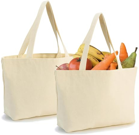 Fuonmka 2 Pack Canvas Tote Bags, 17.7x13.8 Inch Reusable Grocery Shopping Bag, Blank Cotton Bags for DIY Craft, Promotion, Gift, Shopping, Drawing