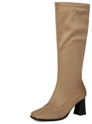 Botas altas hasta la rodilla con tacón de bloque para mujer, elásticas, pantorrilla ancha, puntera cuadrada, cremallera lateral, zapatos casuales de moda, albaricoque, 36 EU