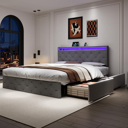 Ball & Cast Upholstered Double Bed with 4 Storage Drawers, Double Bed with LED Lighting, LED Lighting, Adjustable Button Tufted Headboard with USB & Type-C Charging Ports, Linen, Drak Grey,135x190cm