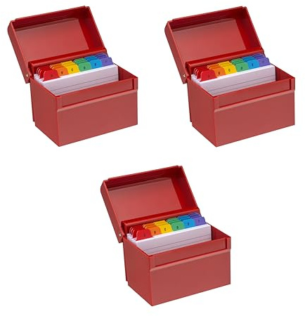 OSCO Paquete de 3 cajas de índice de color rojo brillante, tamaño mediano (6 x 4 pulgadas), pestañas divisoras de la A a la Z, 100 tarjetas de notas rayadas y separadores de la A a la Z, ambos