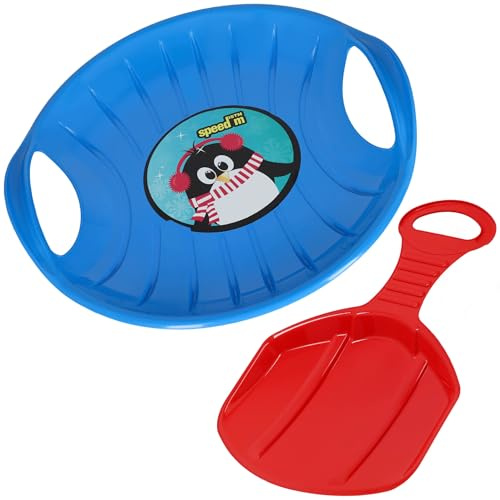 KOTARBAU® 2er Set Popo - Rutscher Kinder - Schlitten – Kunststoff Rutschteller - ø 60 cm – Rodelbahn – Schlitten zum Rodeln im Schnee – 34x53 cm - Blau & Rot