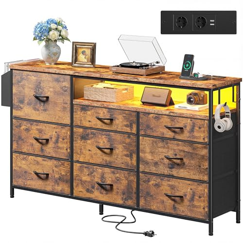 Klyvvo 133 cm breit Kommode mit 9 schubladen, mit 2 LED USB & 2 Steckdosen | Schubladenschrank mit 40 LED‑Lichteffekten, 133 × 30 × 91,5 cm, Komodenschrank für Schlafzimmer, Wohnzimmer und Flur, Vintage