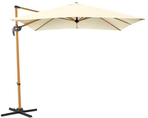 CHRISTOW 2.5m Cantilever Parasol – Cream, Steel with Wood Effect Finish, Banana-Style Umbrella for Garden Patio, Polyester Canopy, UPF30+ UV Protection, Crank Handle, Tilt Function, 360˚ Rotation