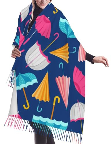 HDTVTV Bufanda de cachemira sintética con borlas, ideal para primavera, otoño e invierno. Cálida y suave. Manta con borlas. Diseño de paraguas de lluvia colorido.