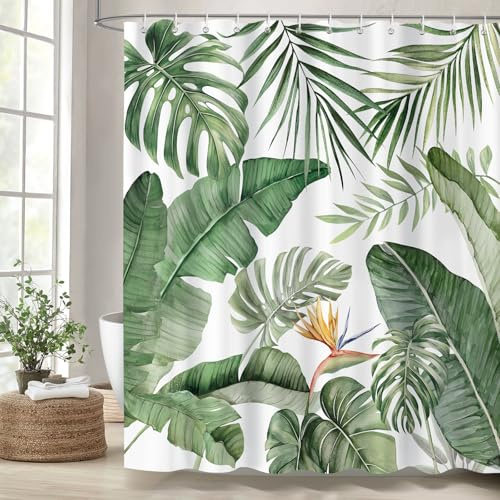 Dazzlewall Tenda Doccia Foglie Tropicali Verdi 180 x 180 cm, Palma Monstera Foglie di Banana Tenda Bagno, Impermeabile Antimuffa Tessuto con 12 Ganci