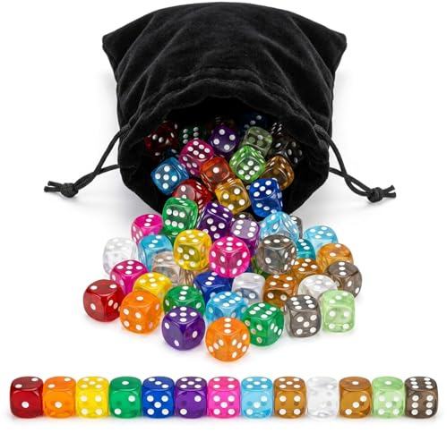 65 Pezzi Set di Dadi da Gioco Colorati, 13 Colori con Sacchetto in Velluto Nero 20x30cm, Dadi Acrilici per Giochi da Tavolo, Feste, Bar e Attività Didattiche
