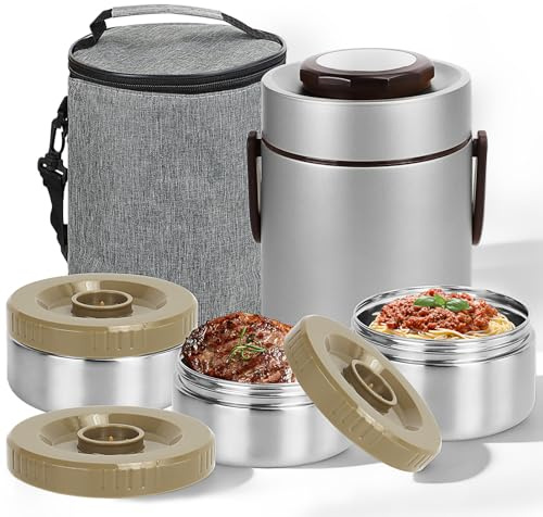 PQHIQ Thermobehälter Essen 2L/67oz Edelstahl Warmhaltebehälter 3-lagige Isolierbehälter für Speisen, Auslaufsicherer Speisewärmer mit Tragetasche für Erwachsene & Unterwegs, Silber