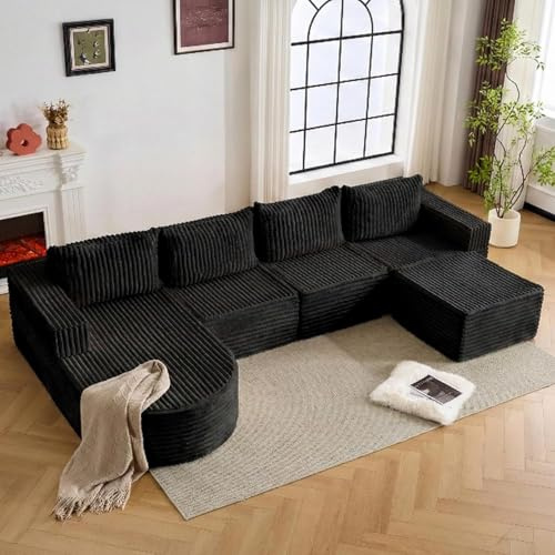 Modulares Boneless Sofa U-Form 336 cm, Ecksofa mit tiefer Ottomane & Rückenkissen, hochelastischer Komfortschaum, ohne Montage – große Cloud Couch für Wohnzimmer, Schlafzimmer, Cordstoff Schwarz