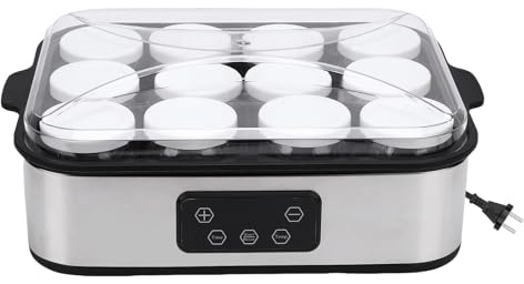 Yanmis Máquina para Hacer Yogur de 12 Tazas, Máquina para Hacer Yogur Eléctrica, Control Automático de Temperatura, Temporizador de 0-48H, Tarros de Vidrio para Helado de Mermelad (Enchufe europeo