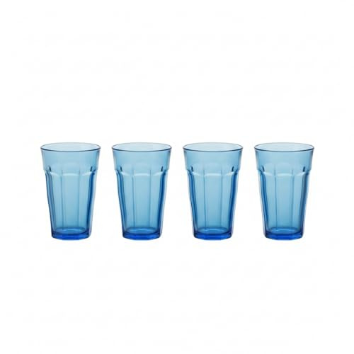 DURALEX | Set 4 Vasos de Cristal Agua 360 ml Picardie Marine Azul Marino, Vasos Altos de Vidrio Templado con Relieve, Aptos Lavavajillas y Microondas, para Cocina y Hogar