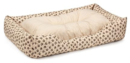 BedDog Hundebett Mimi, Hundesofa aus Cordura, Microfaser-Velours, waschbares Hundebett Vier-eckig mit Rand, Hundekissen für drinnen, draußen, XL, beige mit Pfoten