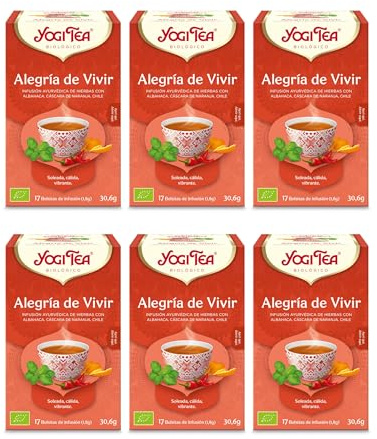 Yogi Tea Entusiasmo ed Allegria Bio - Infuso Ayurvedico - Miscela di Basilico, Buccia d'Arancia e Peperoncino - Senza Caffeina - Confezione da 6x17 bustine (102 bustine in totale)
