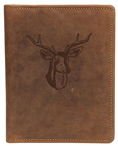 Greenburry Vintage Büromappe Leder-Schreibmappe mit Reh Hirsch Motiv I DIN A5 Ledertasche mit Rotwild Motiv I Geschenk für Jäger