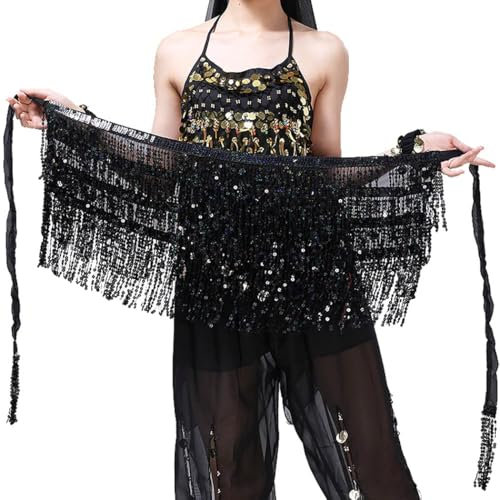 MUNAFIE Pailletten Rock, Glitzer Rock, Bauchtanz Hüfttuch Rave Festival Outfit Damen Schwarz