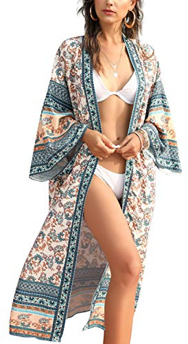 AiJump dam kimono knälängd strandklänning lång sommarklänning bikini cover up