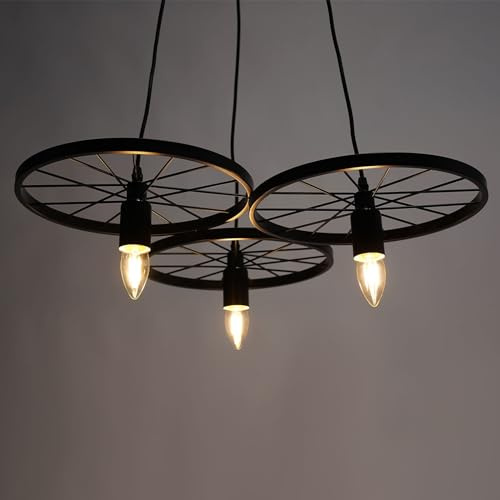 MINUS ONE Retro Wagenrad Hängelampe Metall Kronleuchter 3/6 Rad Wohnzimmer Deckenleuchte Pendelleuchte E27 Lampenhalter Lampe Licht EU-Stecker Keine Glühbirne (Schwarz, 3 Rad)
