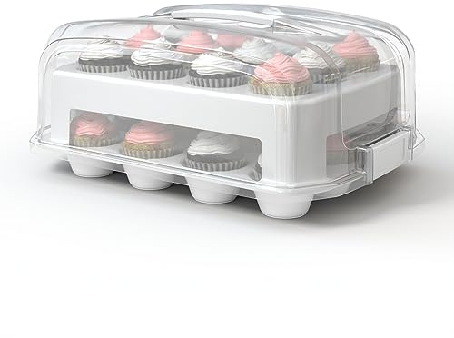 Top Shelf Elements Cupcake Carrier, EXTRA LARGE LID, White Cupcake Holder Carries 24 Standard-Size Cupcakes, Muffin Traveler Two Tier Stand Reusable Cupcake Box