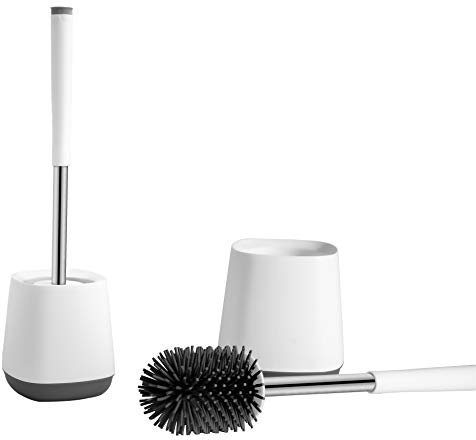 Juego de escobilla de Inodoro con Soporte de Drenaje, Cabezal de Cepillo de Silicona Flexible antiobstrucción antigoteo, Color Blanco/Gris con Mango de Acero Inoxidable, 1 Paquete