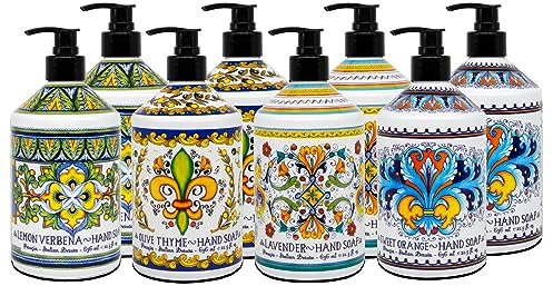 Perugia Italian Deruta Hand Soap - 21.5 fl oz Bottles - 8 pack - Lavendar, Sweet Orange, Lemon Verbana, and Olive Thyme