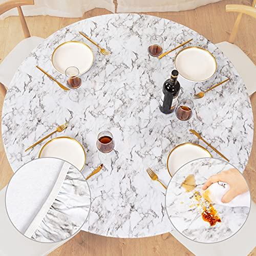 UMINEUX Round Fitted Vinyl Tablecloth with Elastic Edged & Flannel Backing, Waterproof Wipeable Round Table Cover for Indoor Outdoor Patio Use - Fits Tables up to 45 - 56 Diameter(WhiteMarble)