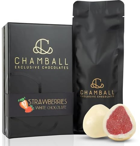 CHAMBALL Bombones Belgas de Fresa Bañados en Chocolate Blanco Belga, Bombones a Granel, inlcluida la Caja bombones para Regalar, Perfecta para dias de Festivos, Cumpleaños, o con un Champagne
