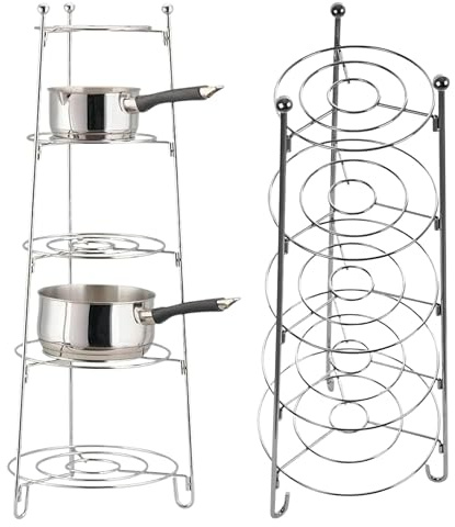 AAMEN 5 Tier Silver Pan Rack, Pan Stand, Pan Organiser, Multi Layer Kitchen Shelf, Durable Chrome Wire Shelves, Fre Standing Stainless Steel Pot Holders (80cm x28cm)