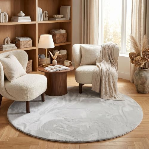 Pergamon Kunstfaser Teppich Wohnzimmer Luxus Super Soft Fellteppich Pearl Grau Rund in 3 Größen