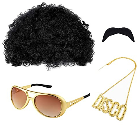 MIVAIUN Hippie Perücken Kostüm Zubehör Set, Funky Afro Perücke Sonnenbrille Halskette Schnurrbart für 60er 70er 80er Kostüm Disco Thema Party,Hippie Afro Perücke,Einheitsgröße