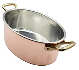 CREARTISTIC Casseruola Ovale in rame stagnato – Pentola 31 x 22 cm, H 12 cm, 2 maniglie in ottone 4 cm, Pirofila da forno, Rostiera 100% Made in Italy – Fatto a mano