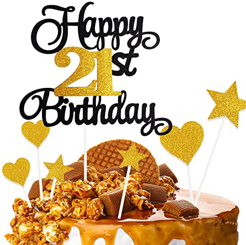 ZHIHUI Cake Decoration, 7-Pieces Personalised Happy 21 Years Birthday Cake Toppers for Boy Girl Kids Happy Birthday Sign for Cake, Glitter Cupcake Topper 21st Birthday Party Supplies (Black & Golden)