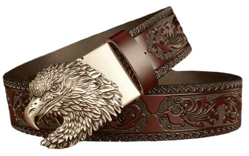 YOPADO Herren Gürtel Ratsche Automatik Ledergürtel Dekoration Mit Silber Gürtelschnalle Western Adler Kopf Automatikschließe Für Business Anzug,35mm Breit(125cm/waist:42~44, Brown)